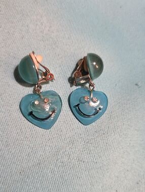 Blue Heart Smile Clip On Drop Earrings